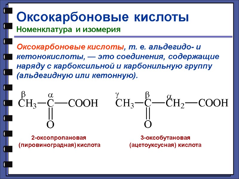 Оксокарбоновые кислоты Номенклатура и изомерия Оксокарбоновые кислоты, т. е. альдегидо- и кетонокислоты, — это